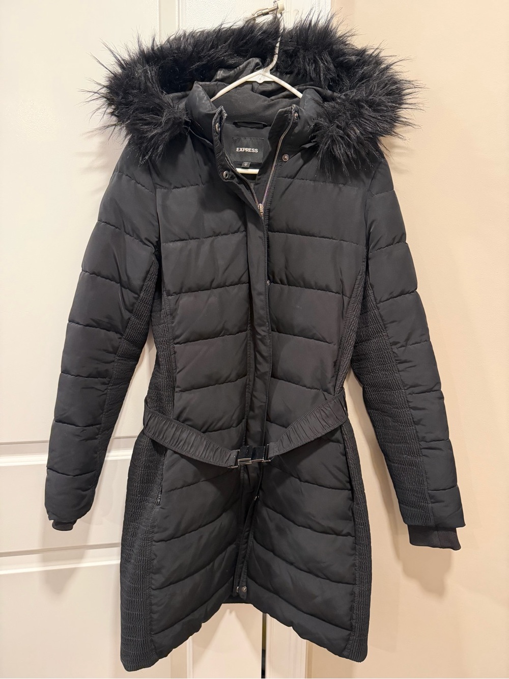 Express Black Quilted Faux-Fur Hooded Belted Puffer Coat